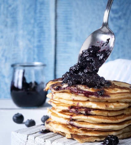 Banana Pecan Power Pancakes w/ Blueberries