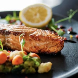 Grilled Salmon with Roasted Sweet Potatoes & Steamed Broccoli
